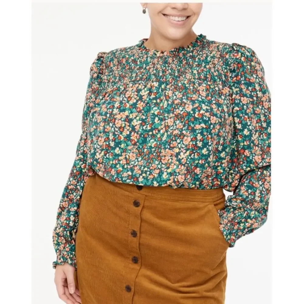 J. Crew Warm Burgundy Blue Bree Smocked Ruffleneck Top‎ Size Large